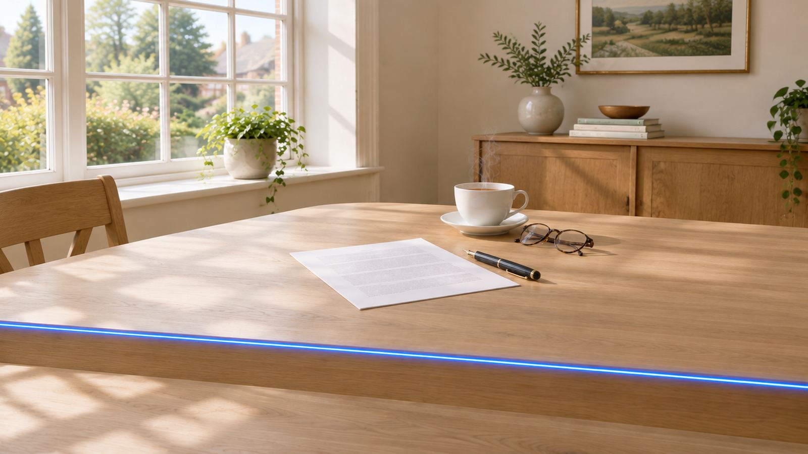 A finance agreement on a pale oak desk in a sunlit room