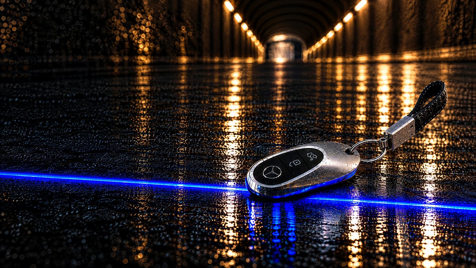 A car key on a wet tunnel road lit by blue light