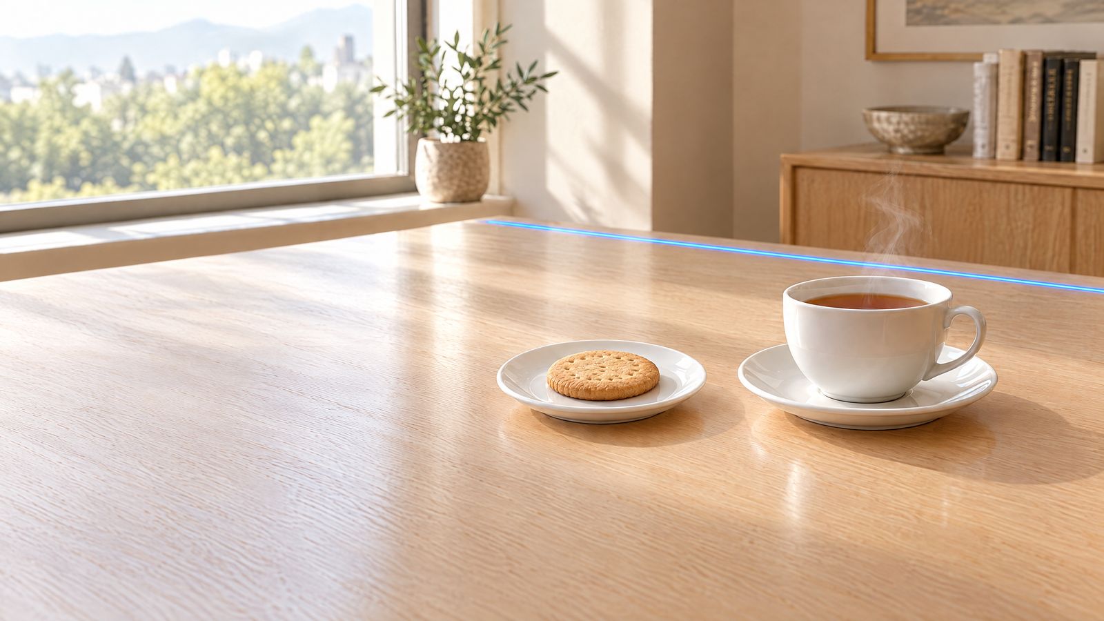 A cup of tea and one plain biscuit on a plate, on a pale oak table by a window