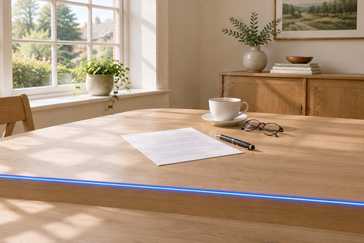 A finance agreement, a pen and a coffee on a sunlit table