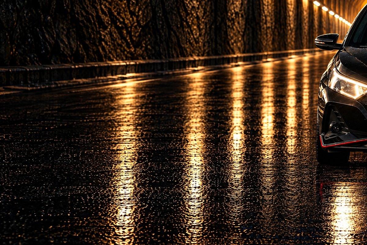 The front of a car under the lights of a wet tunnel