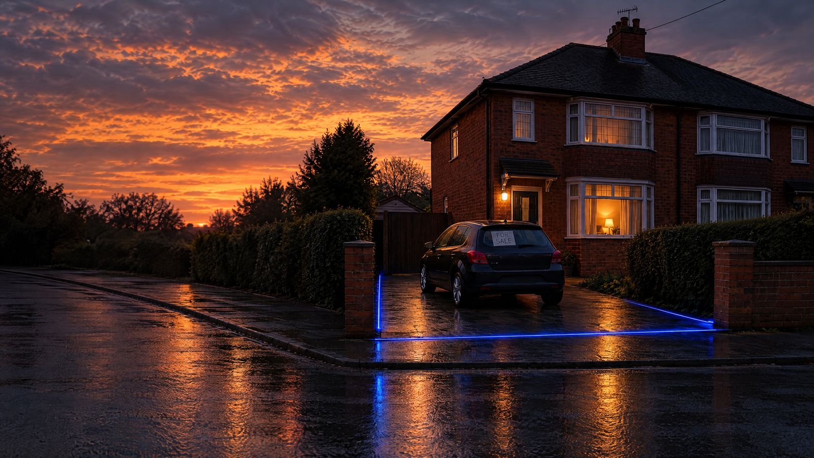 A modest hatchback with a hand-written FOR SALE card in its rear window, on the drive of a red-brick house at dusk
