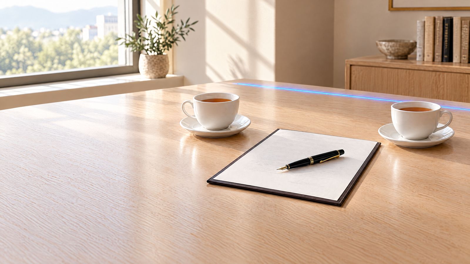 Two cups of tea facing each other across a pale oak table, with an agreement and a pen between them
